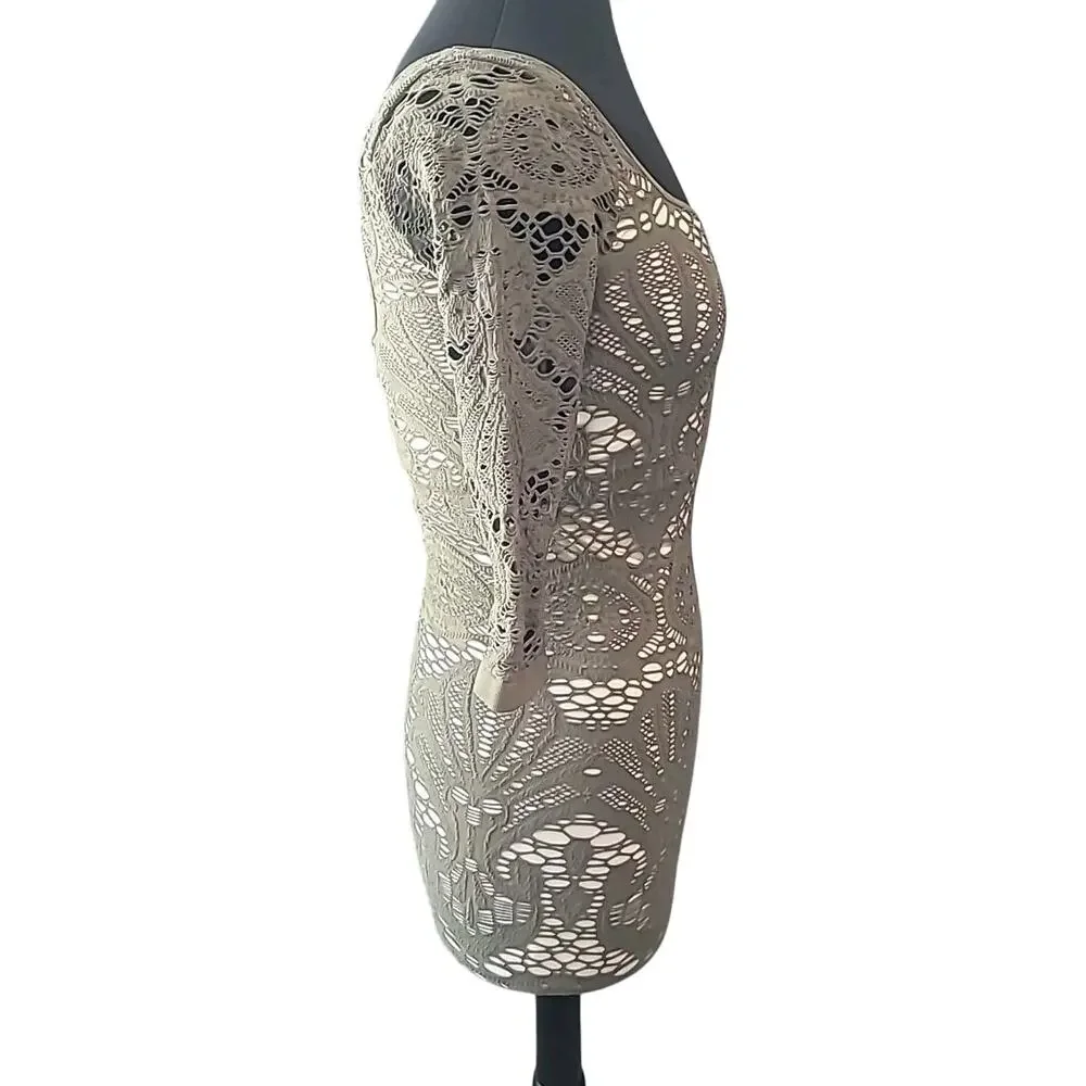 Free People Intimately Green Crochet Long Sleeve Bodycon Mini Dress XS Romantic